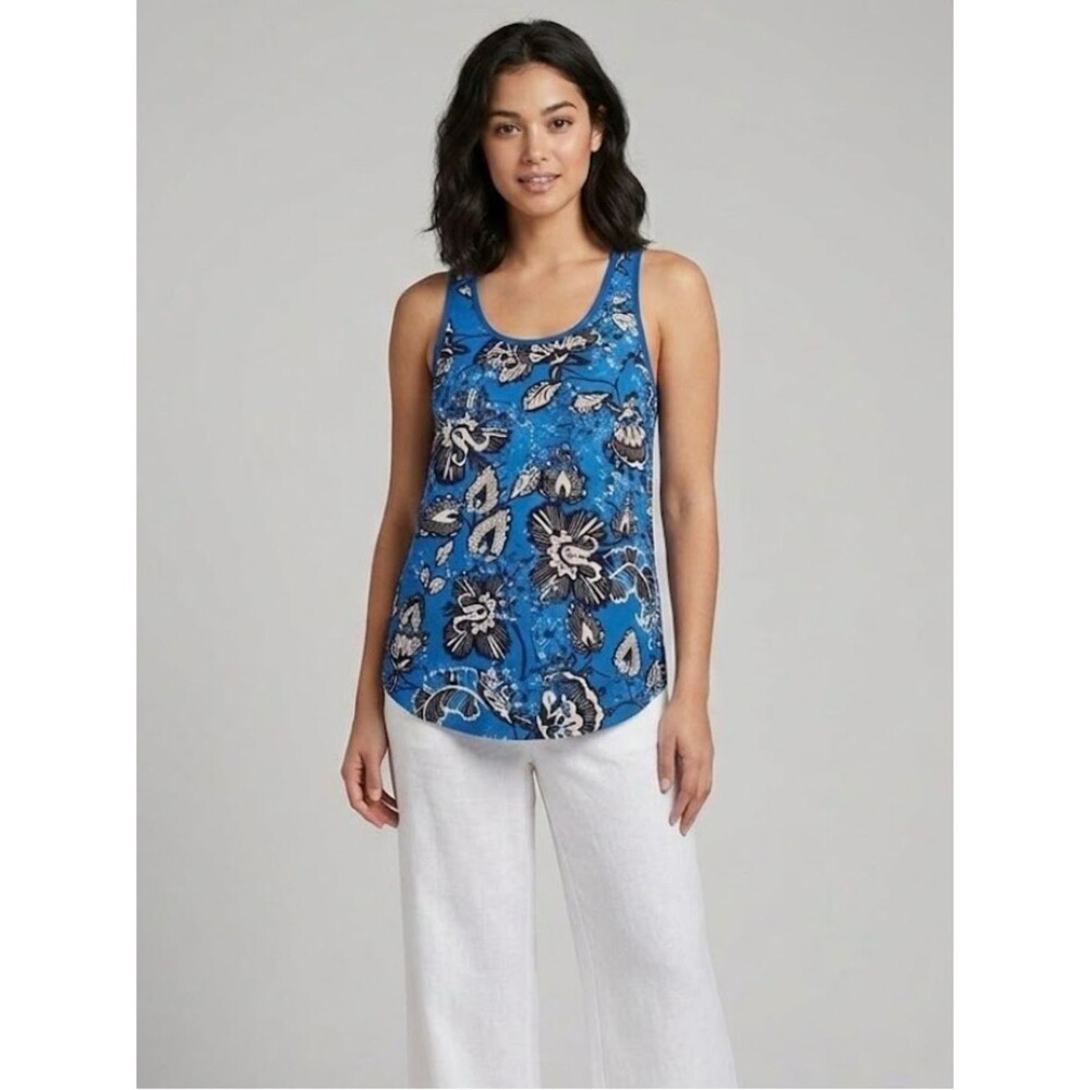 Michael Stars Silk Tank Top Floral Blue Black White Ribbon Trim Womens Size XS